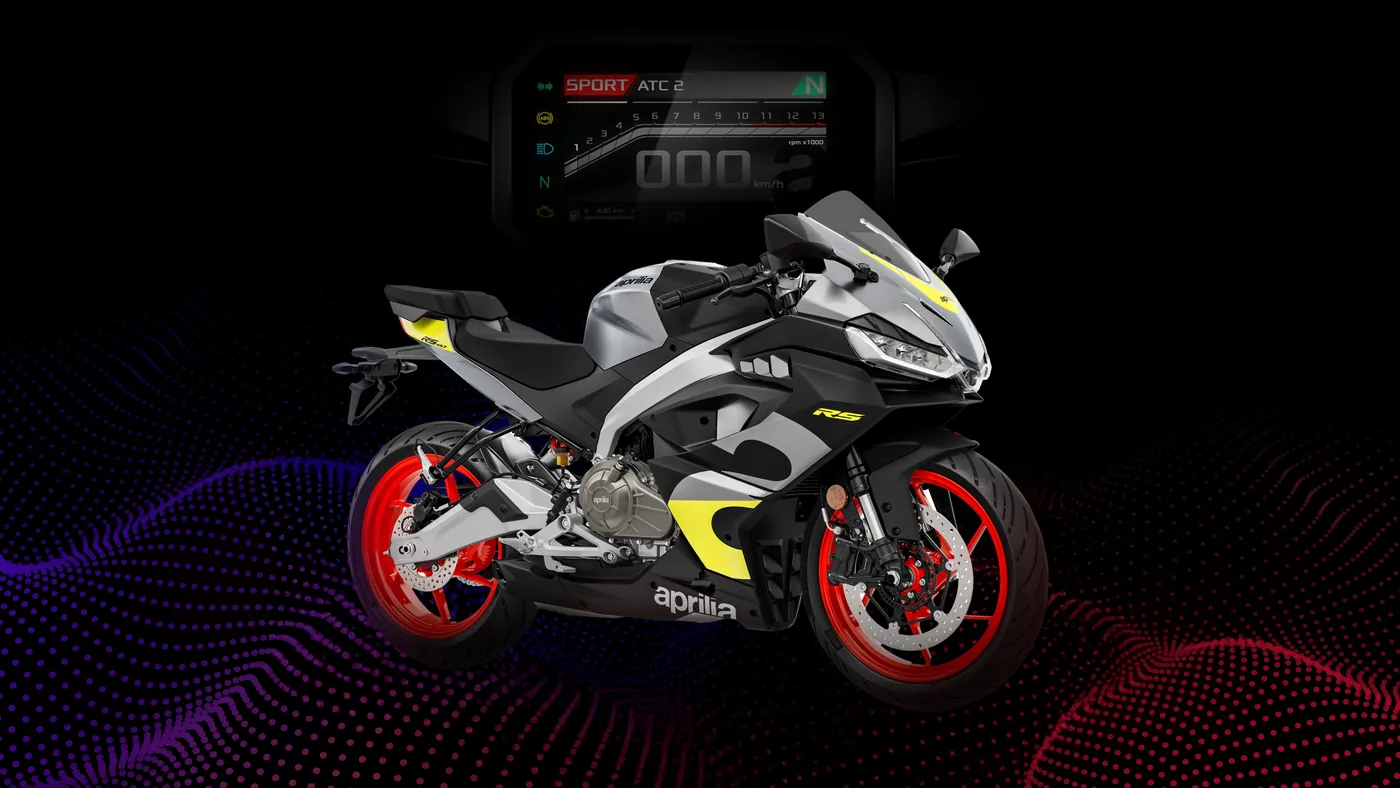 Aprilia RS 457 studio side view with its TFT dashboard above