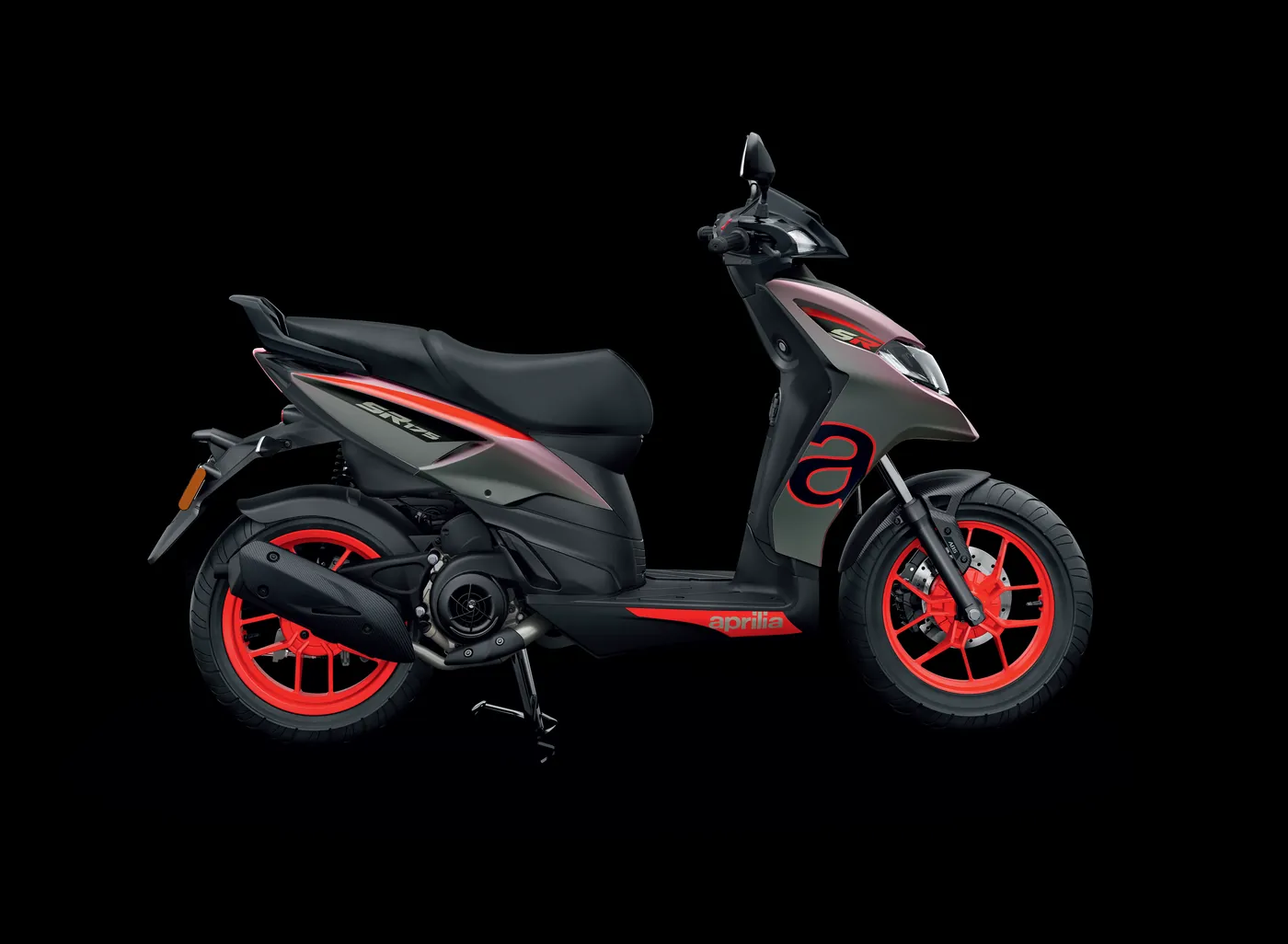Aprilia SR hp.e in matte grey with red wheels, side view