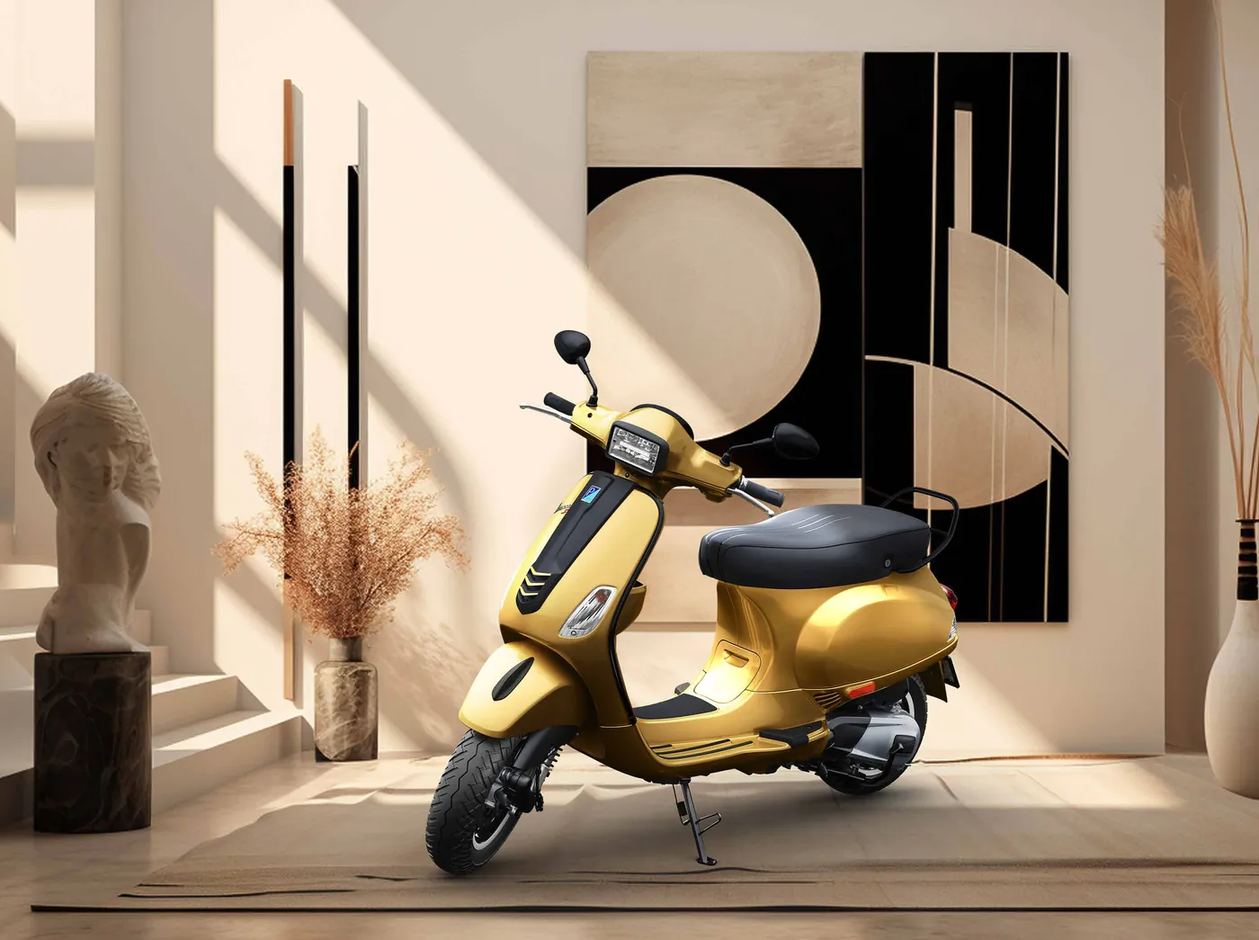Vespa S in Oro gold in a modern interior